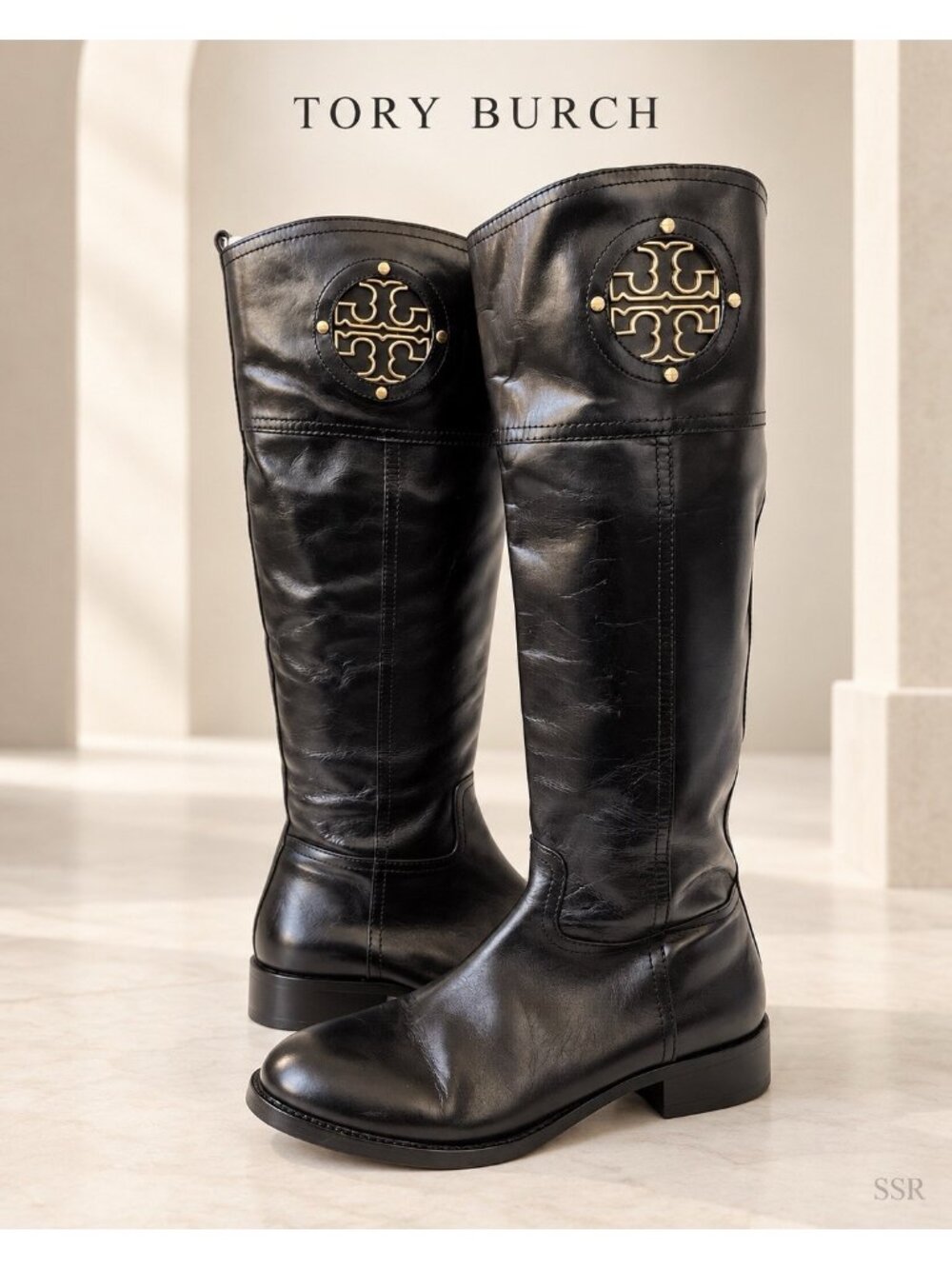 Tory Burch Kiernan Black Leather Riding Boots Gold Logo Medallion Size 8M